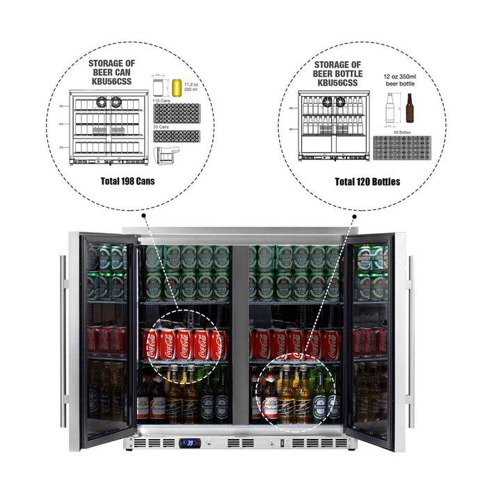 KingsBottle 36" Heating Glass 2 Door Built In Beverage Fridge KBU56M