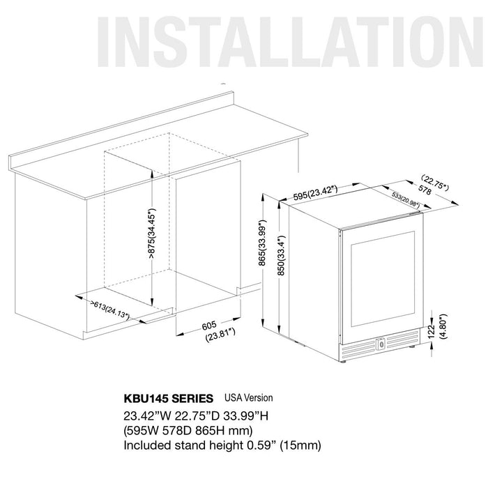 KingsBottle 24" Under Counter LOW-E Glass Door Beer Fridge KBU145BX