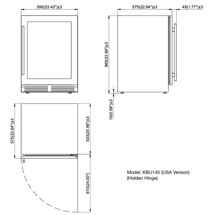 KingsBottle 24" Under Counter LOW-E Glass Door Single Zone Wine Cooler KBU145DX