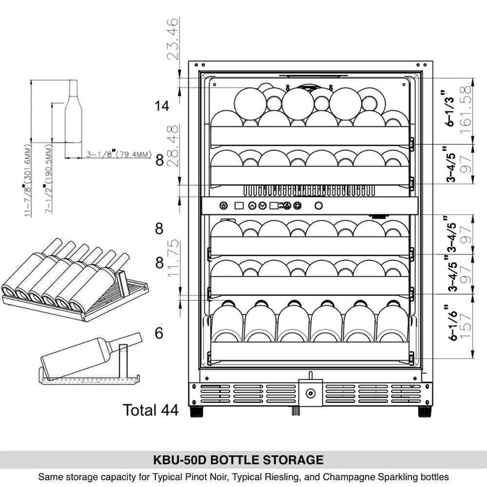 KingsBottle 48" Glass Door Wine And Beverage Fridge Center Built In KBU50BX + KBU50DX