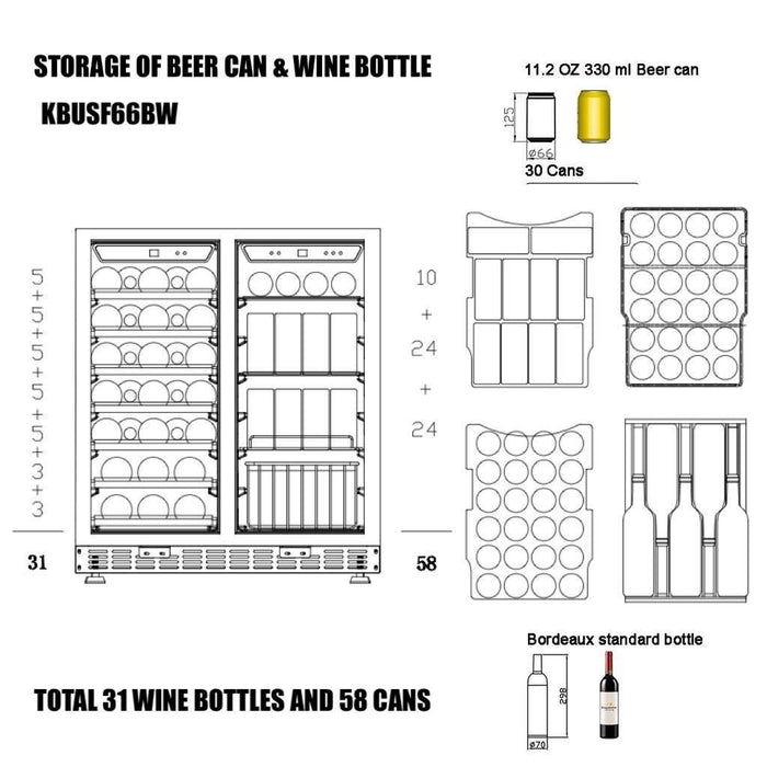 KingsBottle 30" Under Counter Low-E Glass Door Wine and Beer Cooler Combo KBUSF66BW