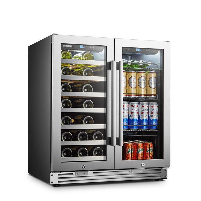 LanboPro LP66B Stainless Steel Dual Zone Wine and Beverage Combo Cooler - 31 Bottles / 58 Cans